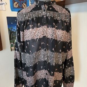 Vintage Lady Manhattan Black and Pink Floral Button-Up Blouse Size 10 -12